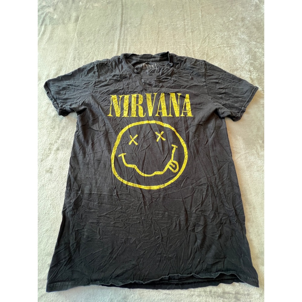 Nirvana T-Shirt Mens Medium Black Yellow Smiley Face Graphic Band Tee
